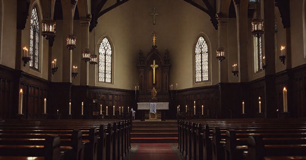 Wnętrze tradycyjnego kościoła z pustym ołtarzem i nieobecnym Najświętszym Sakramentem