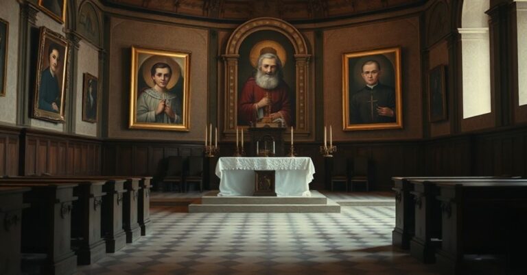 Wnętrze tradycyjnego kościoła katolickiego z pustym ołtarzem i portretami Wyszyńskiego, Kolbego i rodziny Ulmów. Scena symbolizuje błędy posoborowego kultu.