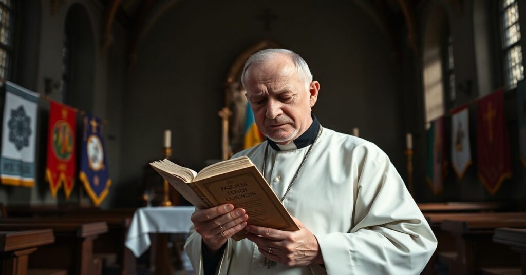 Pusty ołtarz w tradycyjnym kościele katolickim z smutnym księciem w ręku Pascendi Dominici Gregis