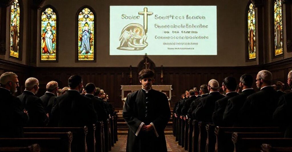 Wnętrze kościoła katolickiego z pustym ołtarzem, oświetlone przez witraże przedstawiające Narodzenie Pańskie. Na pierwszym planie tradycyjni kapłani w sutannach modlą się w ciszy, ich twarze promienieją głębokim pokojem. Scena kontrastuje z nowoczesnym hasłem na ścianie: "Służba społeczna jako światło Chrystusa" pseudopatryarchy Pizzaballi.