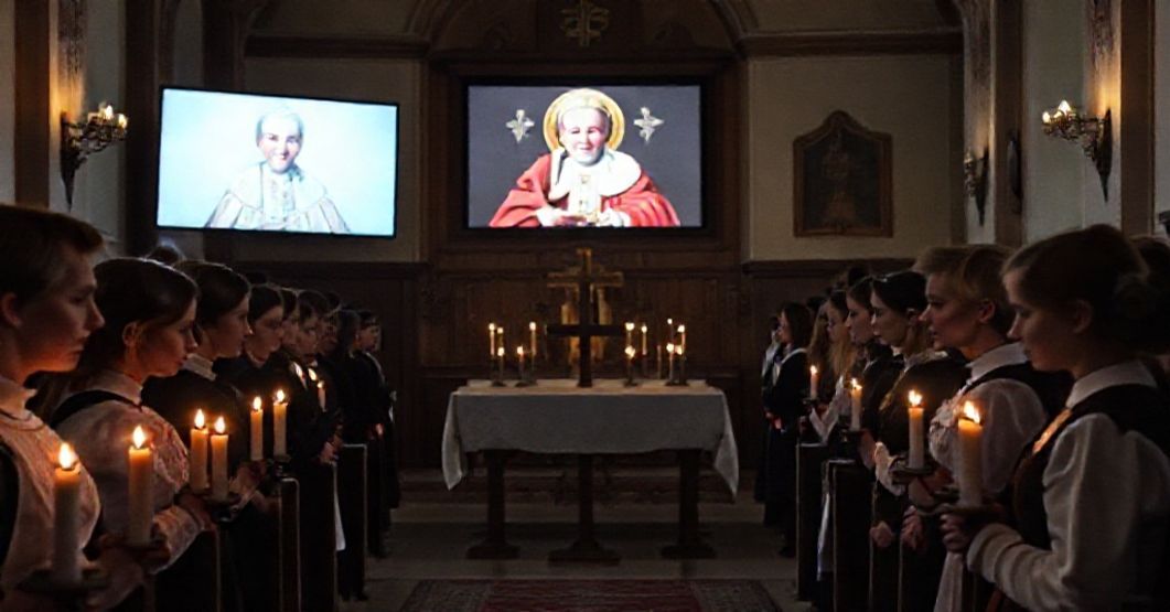 Pusty ołtarz w kościele w Koszycach podczas pseudo-liturgii z wyświetlonym obrazem 'papieża' Leona XIV na ekranie.
