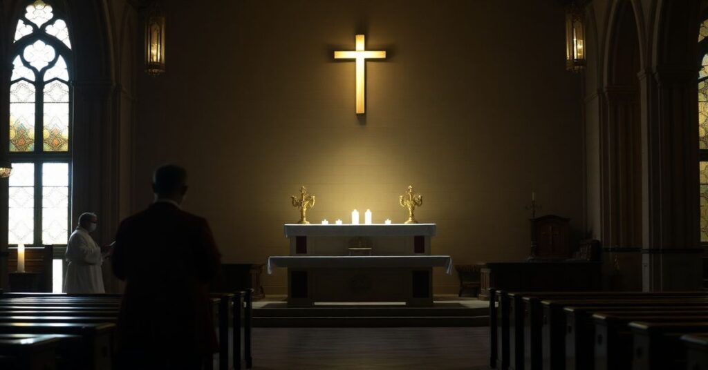 Pusty ołtarz w tradycyjnym kościele katolickim podczas nowomodernistycznej mszy Novus Ordo w Białymstoku