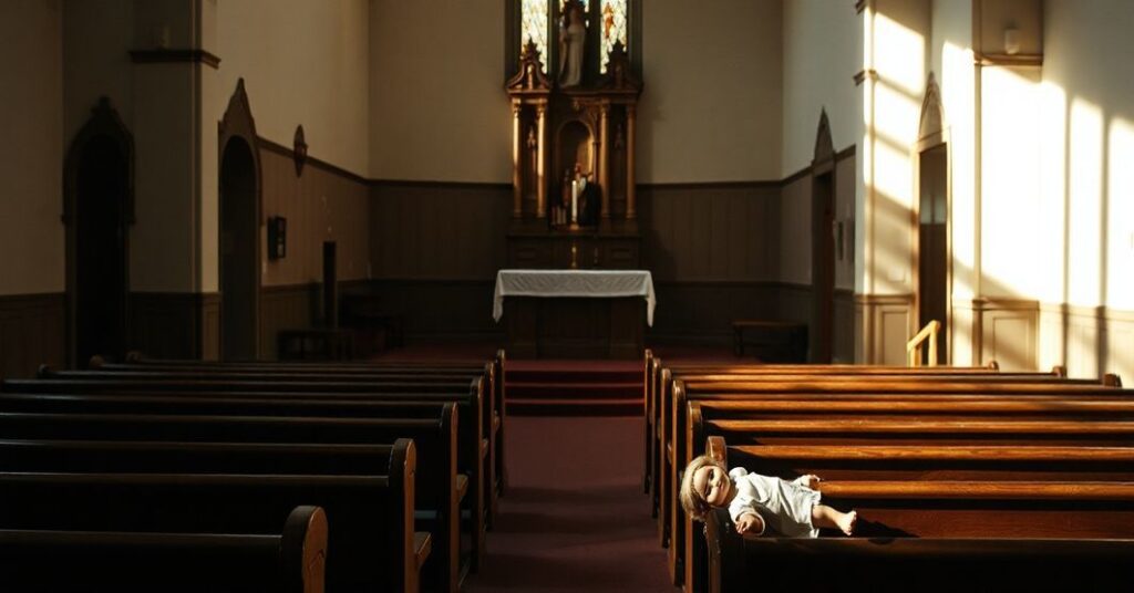 Pusty ołtarz w tradycyjnym kościele katolickim, symbolizujący profanację i zaniedbanie wiary.