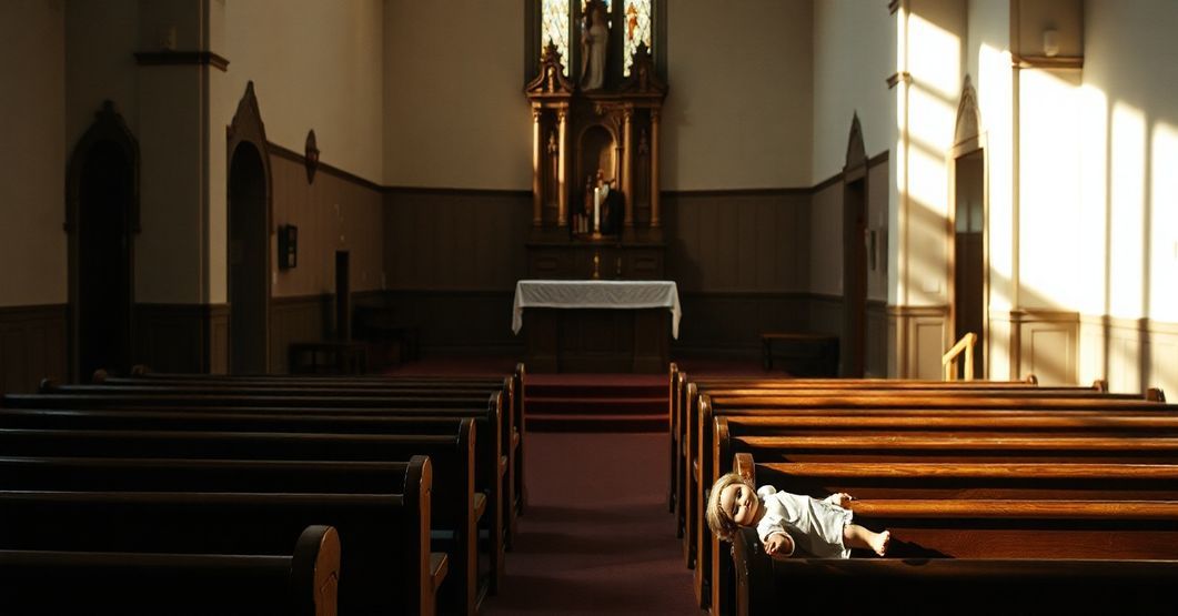 Pusty ołtarz w tradycyjnym kościele katolickim, symbolizujący profanację i zaniedbanie wiary.