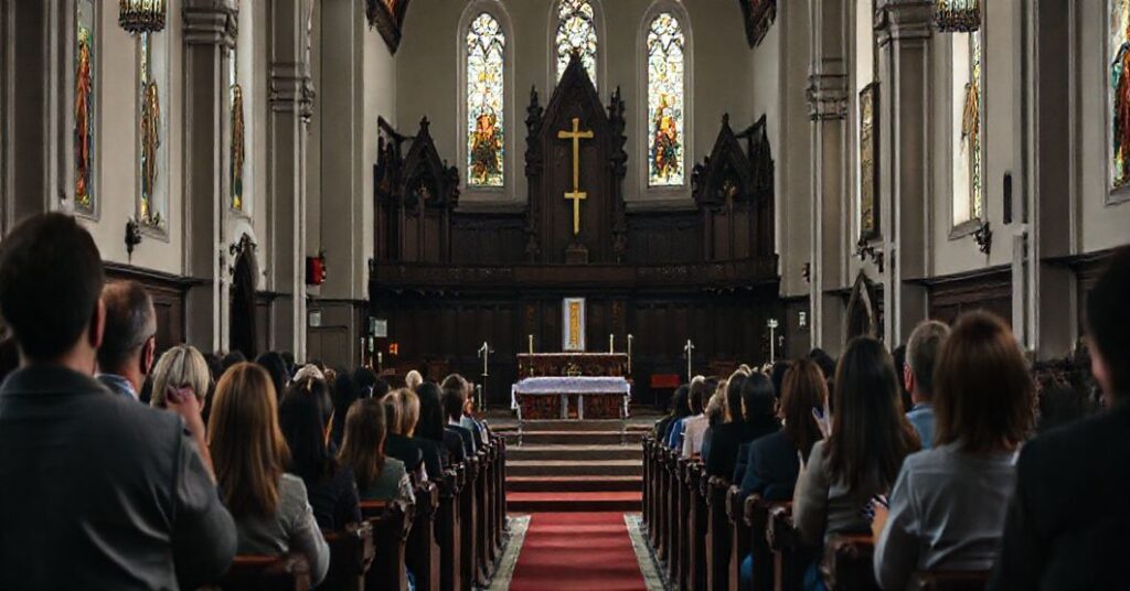 Pusty ołtarz w kościele z młodymi osobami wydającymi się bezinteresowani podczas Mszy Świętej.