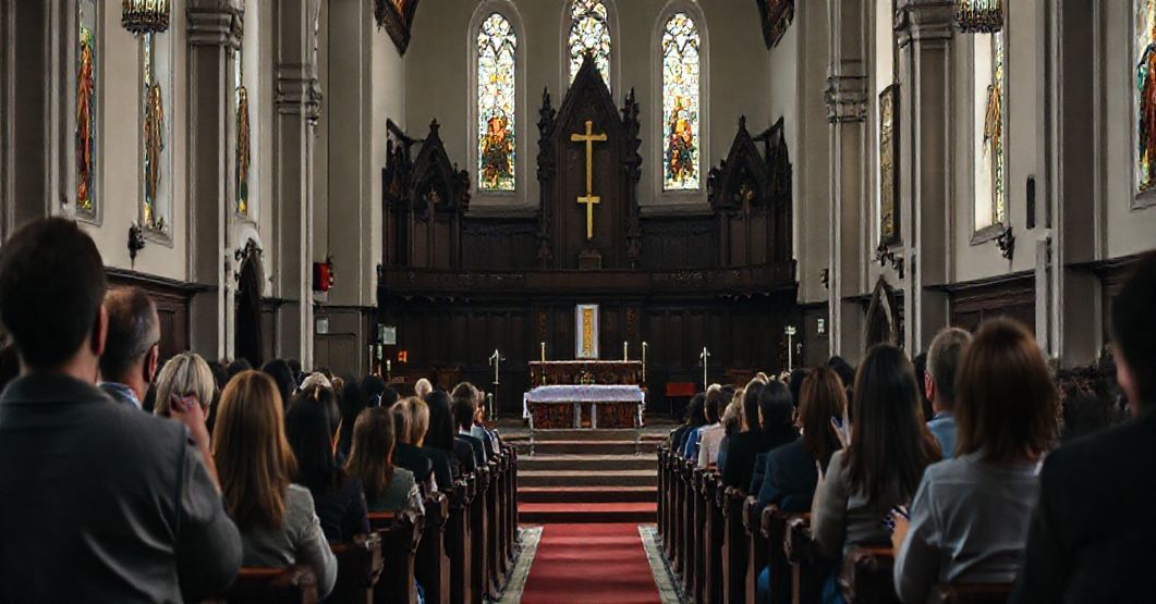 Pusty ołtarz w kościele z młodymi osobami wydającymi się bezinteresowani podczas Mszy Świętej.
