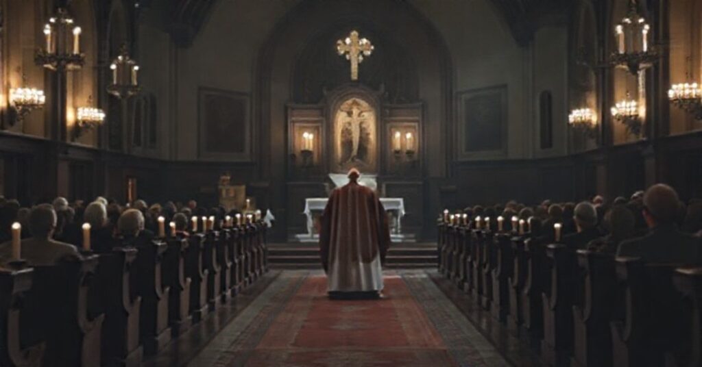 Sobór katolicki z pustym ołtarzem podczas Wigilii Bożego Narodzenia
