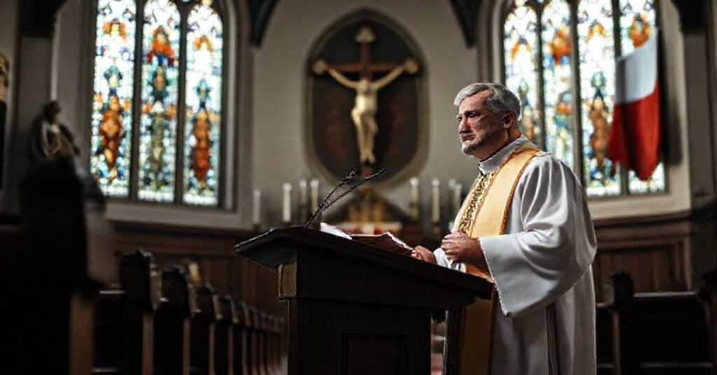 Tradycyjny kościół katolicki z kazańcem i księdzem w szatach liturgicznych podczas patriotycznego przemówienia