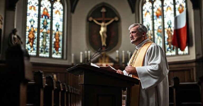 Tradycyjny kościół katolicki z kazańcem i księdzem w szatach liturgicznych podczas patriotycznego przemówienia