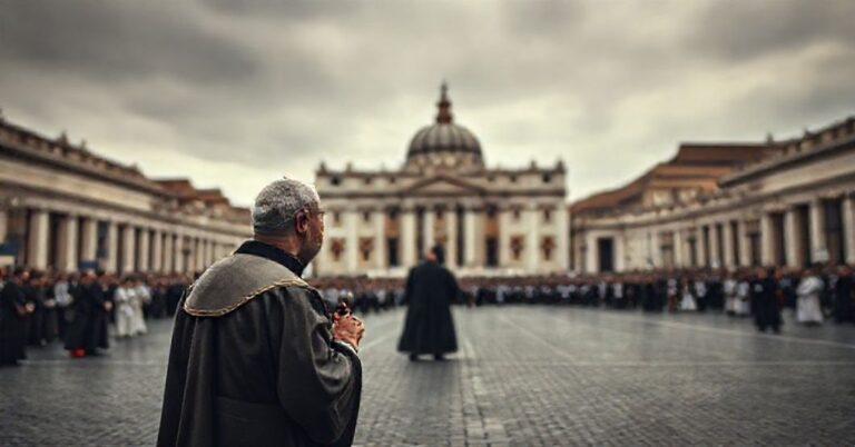 Pusty Plac Świętego Piotra z niejasną postacią Leona XIV w tle i tradycyjnym kapłanem katolickim na pierwszym planie modlącym się za różańcem. Tło z Watykanem i przygaszoną aurą symbolizującą zdrady i duchowego upadku.