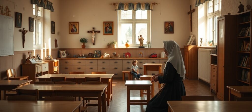 Pusty przedszkole z tradycyjnymi katolickimi ikonami i krzyżami na ścianach, siostra Maria modli się w rogu