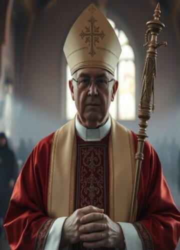 Pusty rytuał nowego biskupa – apostazja w Kościele Biskup w tradycyjnym stroju liturgicznym stoi w ciemnej kościele z witrażami; w tle widoczne są zapierające oddech postacie symbolizujące zagubione dusze