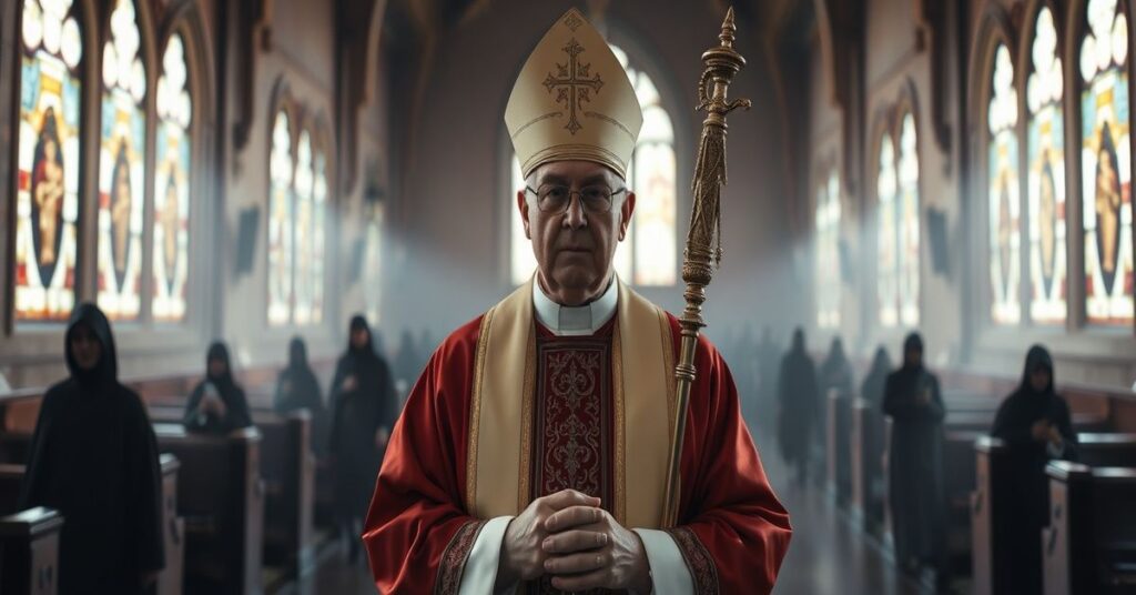 Biskup w tradycyjnym stroju liturgicznym stoi w ciemnej kościele z witrażami; w tle widoczne są zapierające oddech postacie symbolizujące zagubione dusze