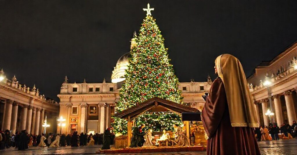 Melancholiczne widok szopki bożonarodzeniowej na Placu św. Piotra w Rzymie