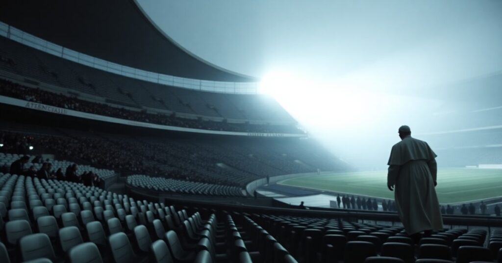Pusty stadion Santiago Bernabéu w Madrycie z odchodzącą postaćą w szatach papieskich i sceną koncertową na tle - symbolizuje pustkę duchową i zanik wiary.