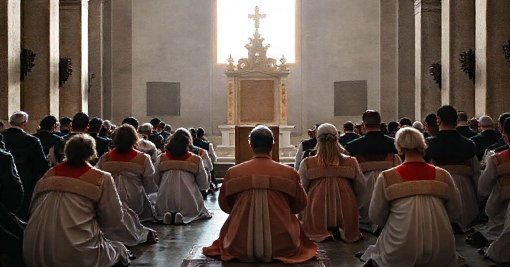 Pusty Stolik Świętego Piotra w Rzymie z wiernymi modlącymi się w tradycyjnych szatach liturgicznych.
