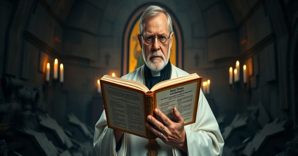 Korpulentny kapłan w tradycyjnym stroju katolickim trzymający księgę o liturgii w ruinach współczesnej duchowości
