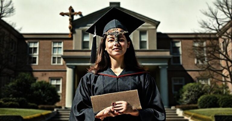 Młoda kobieta w togu akademickim stoi przed budynkiem uniwersyteckim, twarz pozbawiona radości trzyma dyplom. W tle widnieje ciemne laboratorium z genetycznymi eksperymentami. Blady krucyfiks wiszący ukośnie na ścianie symbolizuje zapomnianą wiarę. Zdjęcie oddaje pustą zwycięstwo świeckiej edukacji nad duchowym wzrostem.