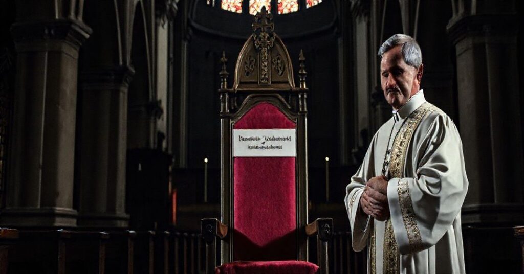 Kapelan w tradycyjnym stroju liturgicznym stoi przed pustym fotelem z napisem "Arcybiskup Józef Michalik", symbolizującym brak prawdziwej władzy duchowej u modernistycznych "biskupów".