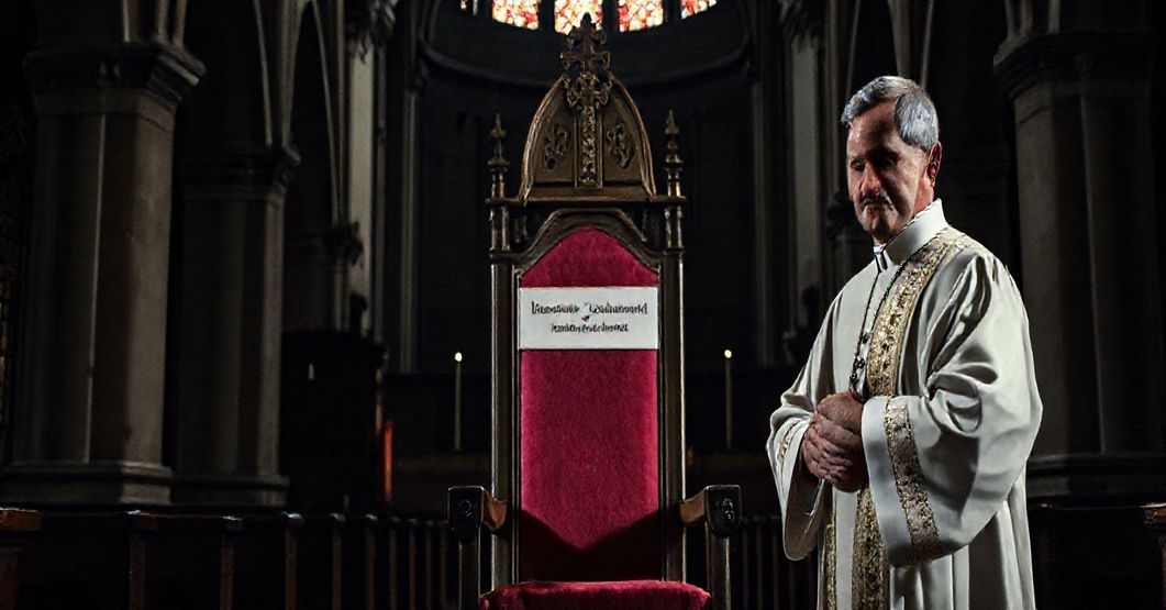 Kapelan w tradycyjnym stroju liturgicznym stoi przed pustym fotelem z napisem "Arcybiskup Józef Michalik", symbolizującym brak prawdziwej władzy duchowej u modernistycznych "biskupów".