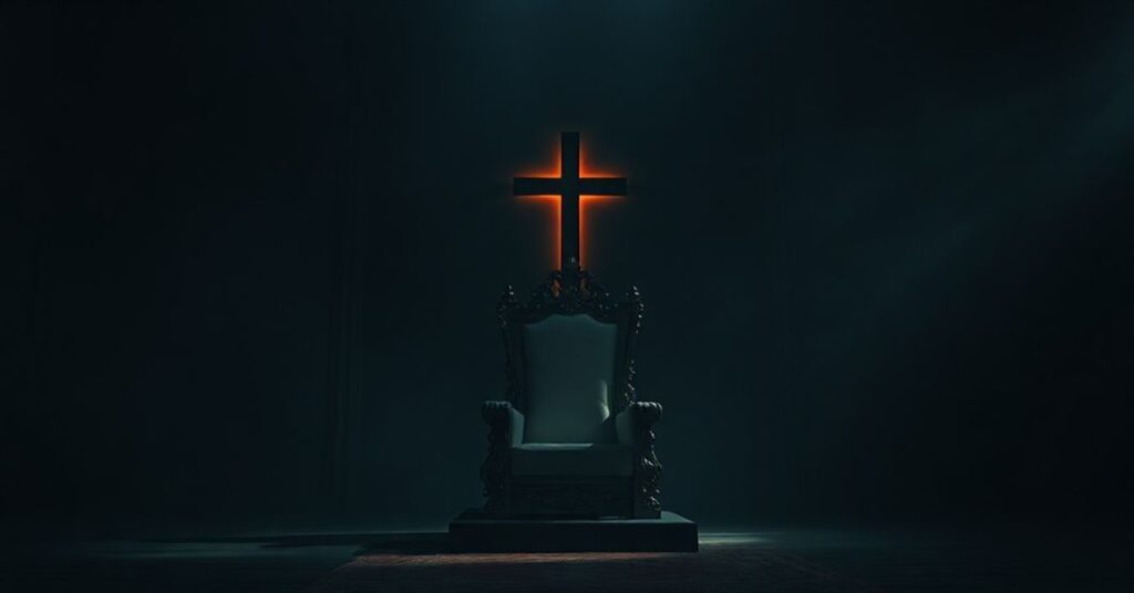 Pusty tron w ciemnym pomieszczeniu z krzyżem w tle, symbolizujący brak Chrystusa jako Króla