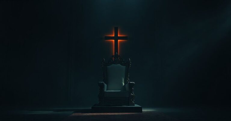 Pusty tron w ciemnym pomieszczeniu z krzyżem w tle, symbolizujący brak Chrystusa jako Króla