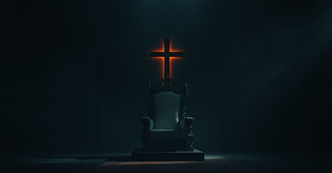 Pusty tron w ciemnym pomieszczeniu z krzyżem w tle, symbolizujący brak Chrystusa jako Króla