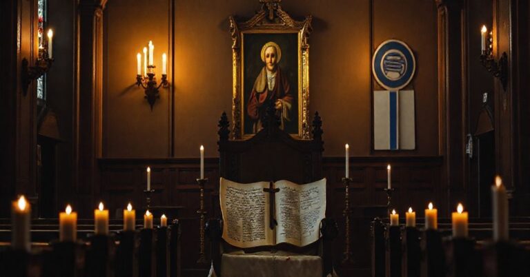 Pusty biskupi tron w tradycyjnym kościele katolickim otoczony dokumentami soborowymi symbolizującymi apostazję. Atmosfera smutku i porzucenia tradycji katolickiej.