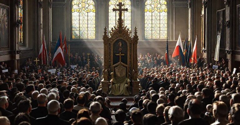 Sobór katolicki z pustym tronem, symbolizującym brak Chrystusa Króla w Czechach podczas politycznego zgromadzenia