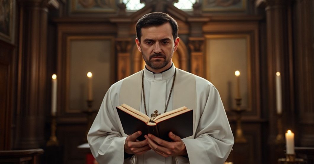 Pielgrzym w tradycyjnych szatach kościelnych trzyma Biblię w ciemnej kaplicy z pustym tronie za sobą.