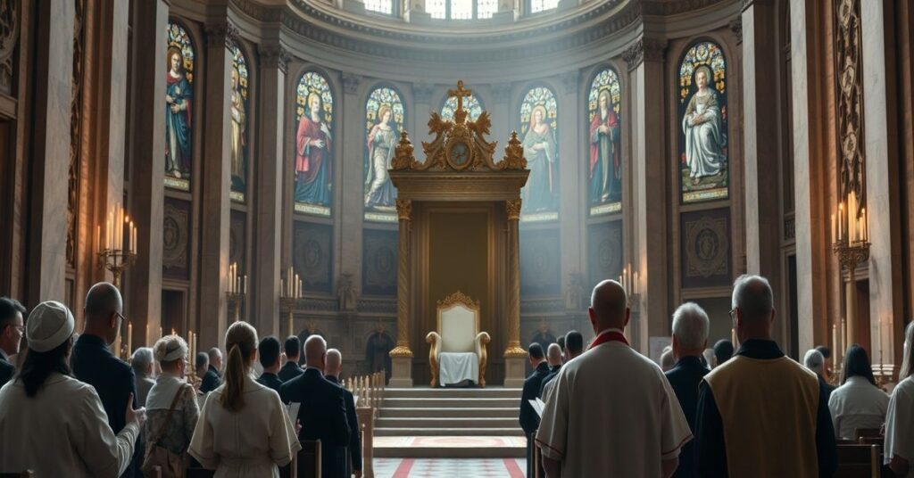 Pusty papieski tron w bazylice św. Piotra z grupą katolików w modlitwie