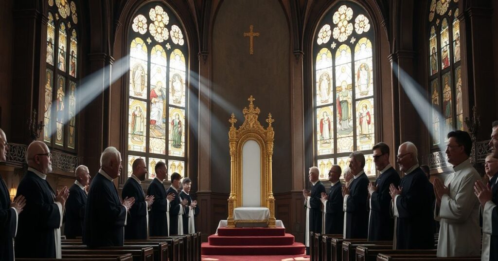 Wnętrze tradycyjnego kościoła z pustym tronem i modlącymi się kapłanami w sutannach.