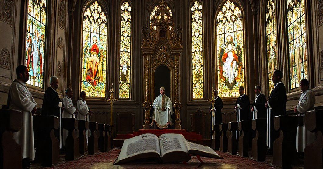 Wnętrze kościoła katolickiego z pustym tronem papieskim, otoczonego nowoczesnymi biskupami w świeckim ubiorze, kontrastujące z tradycyjnymi witrażami przedstawiającymi prawdziwe kanonizacje