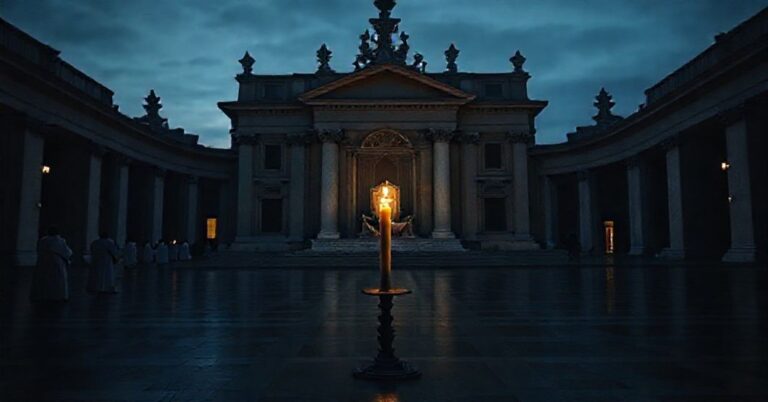 Pusty tron papieski w Bazylice św. Piotra przy gasnącym światłe w atmosferze smutku i rozpaczy nad apostazją Kościoła