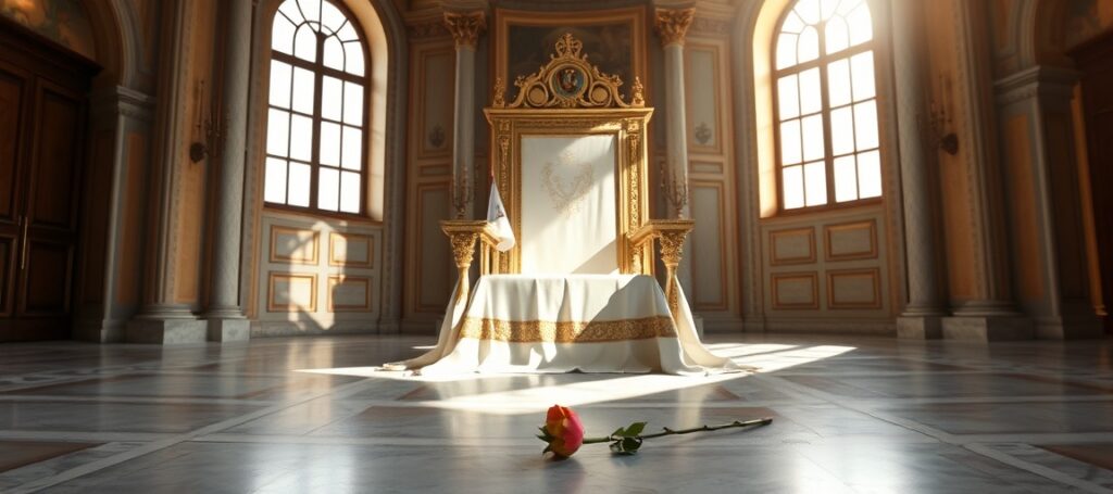 Puste tron papieski w sali tronowej w Castel Gandolfo – symbol wakatury Stolicy Apostolskiej po zajęciu przez herezjarchę Leona XIV