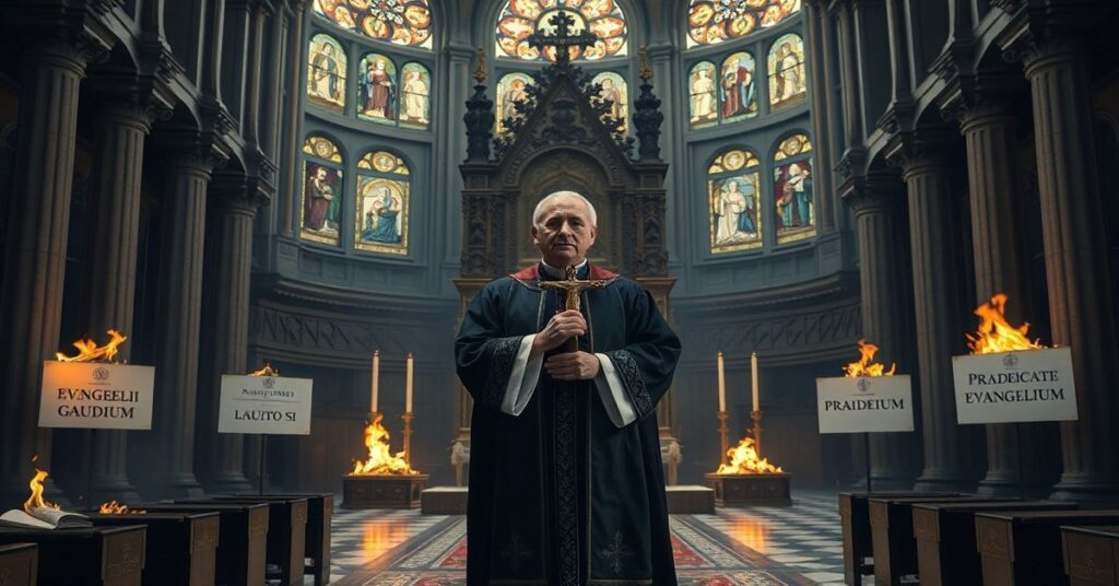 Pusty tron papieski w tradycyjnym kościele katolickim z księdzem sedevacantystą w stroju liturgicznym stojącym przed nim. Wokół palą się heretyckie dokumenty Bergoglia.