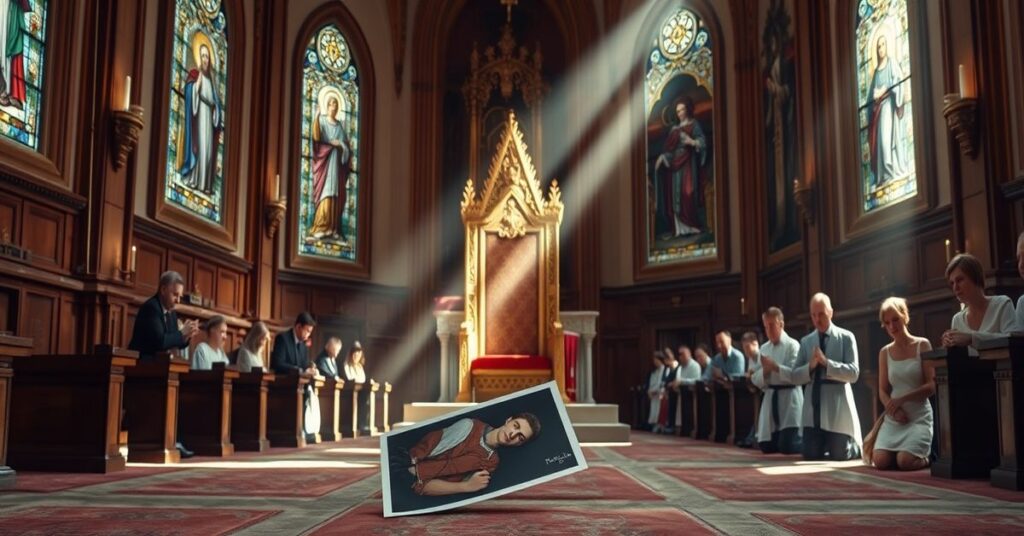 Wnętrze tradycyjnego kościoła katolickiego z pustym tronem w centrum i zdjęciem 'Papa Leon XIV' leżącym porzuconym obok ołtarza.