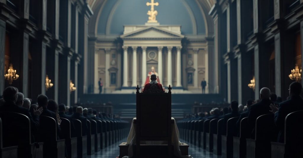Pusty tron papieski w ciemnym kościele z bluzującej na tle budynkiem parlamentu i postacią w szatach papieskich symbolizującą uzurpatora Leona XIV i współczesne społeczeństwo.