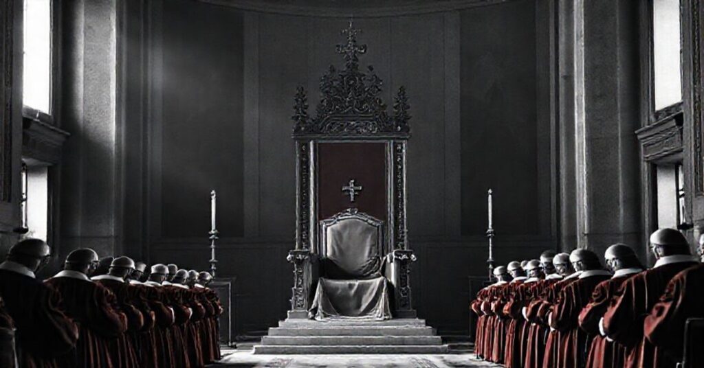 Czarno-biały zdjęcie pustego tronu papieskiego w Kaplicy Sykstyńskiej otoczonego przez tradycyjnych kardynałów w czerwonych szatach.