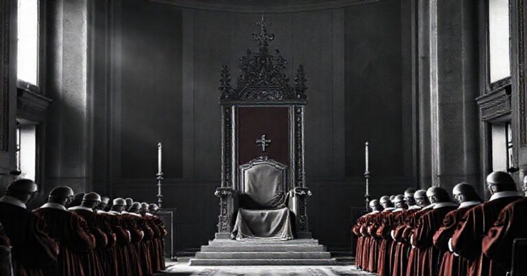 Czarno-biały zdjęcie pustego tronu papieskiego w Kaplicy Sykstyńskiej otoczonego przez tradycyjnych kardynałów w czerwonych szatach.