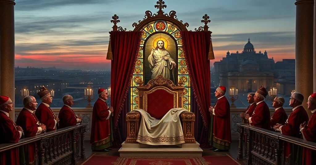 Scena z Balustrady św. Piotra podczas Bożego Narodzenia 2025 r., ukazująca pusty tron papieski i kardynałów w tradycyjnych szatach. Tło przedstawia Rzym o zmierzchu.