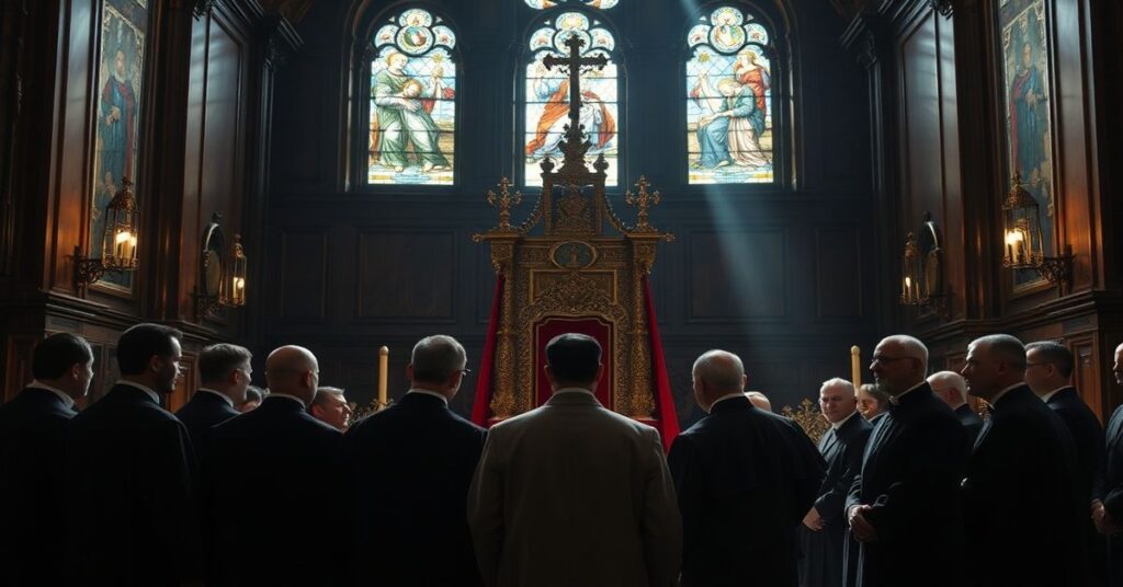 Pusty tron papieski w tradycyjnym kościele katolickim z grupą modernistycznych duchownych w tle.