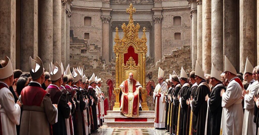 Pielgrzymka katolicka w Rzymie, symbolizująca kryzys autorytetu i apostazję nowego Kościoła, z pustym tronem papieskim jako centralnym motywem.