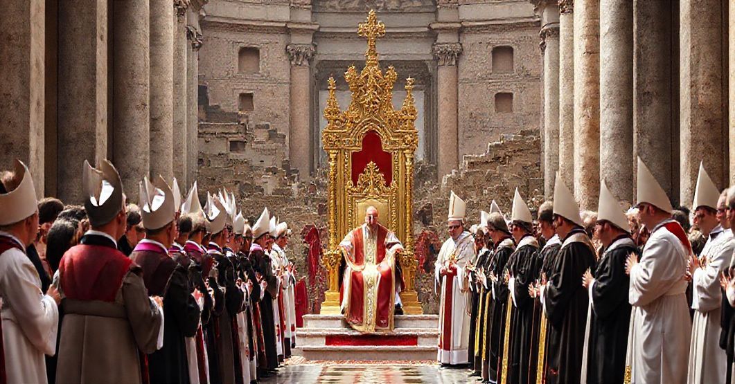 Pielgrzymka katolicka w Rzymie, symbolizująca kryzys autorytetu i apostazję nowego Kościoła, z pustym tronem papieskim jako centralnym motywem.