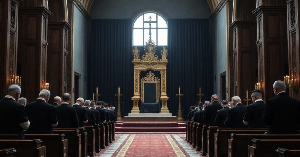 Pusty papieski tron w tradycyjnej katolickiej świątyni z modlącymi się kapłanami w kasztanowych sutannach.