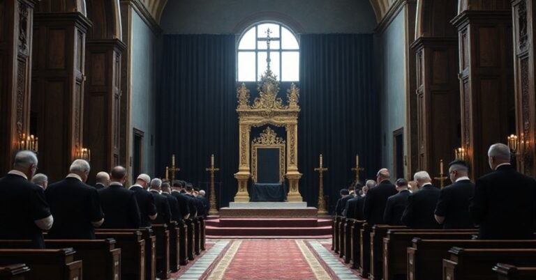 Pusty papieski tron w tradycyjnej katolickiej świątyni z modlącymi się kapłanami w kasztanowych sutannach.