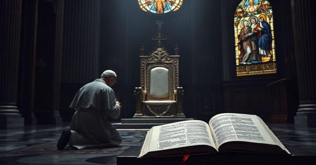 Pusty papieski tron w Watykanie z modlącym się kapłanem w tradycyjnym stroju kościelnym