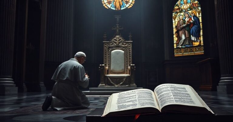 Pusty papieski tron w Watykanie z modlącym się kapłanem w tradycyjnym stroju kościelnym