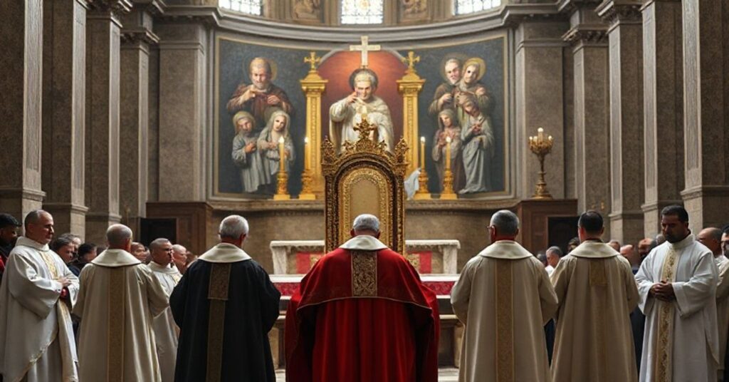 Pusty tron papieski w wielkiej bazylice z papieską tiarą w cieniu. Siedem postaci w nowoczesnych paramencie w konstantniej smutku i wątpliwości