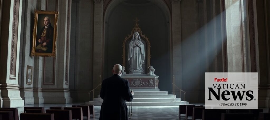 Solemne zdjęcie przedstawiające pusty trón Piotrowy w Bazylice św. Piotra symbolizujący sede vacante od 1958 roku. Na tle widnieje portret Ojca Świętego Piusa XII ostatniego ważnie wybranego papieża. Tłem jest ciemna postać uzurpatora Leona XIV (Roberta Prevosta). Ktoś modli się przed rzeźbą Matki Bożej z Fatimy trzymając różaniec.